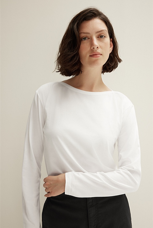 White Pima Cotton Boat Neck Long Sleeve T Shirt Women T Shirts Tops