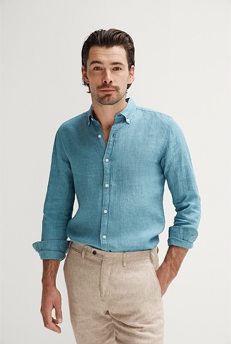 Deep Teal Tailored Fit Delave Linen Long Sleeve Shirt Men Linen