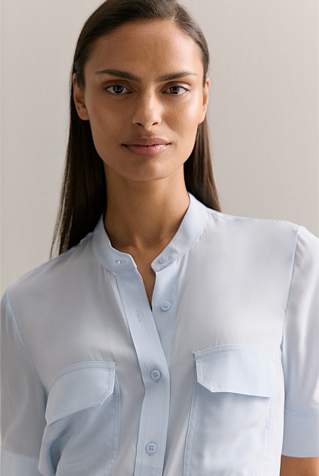 Silk Collarless Pocket Detail Shirt