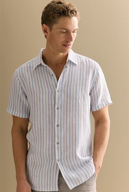 Regular Fit Linen Multi Stripe Short Sleeve Shirt