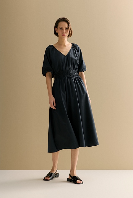 Cotton Sateen Shirred Waist Dress