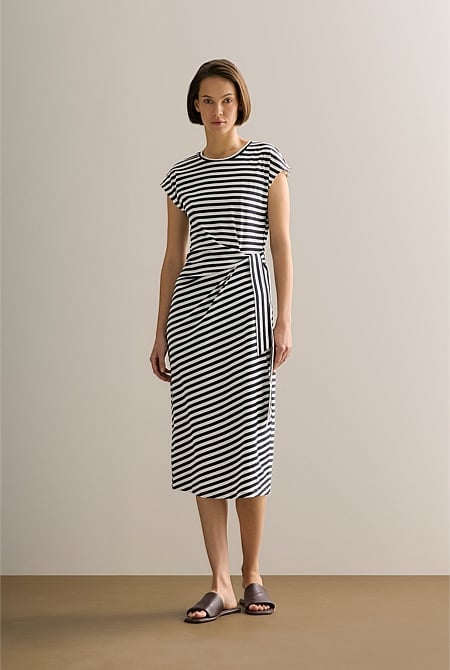 Cotton Stripe Gathered Tie Waist Dress