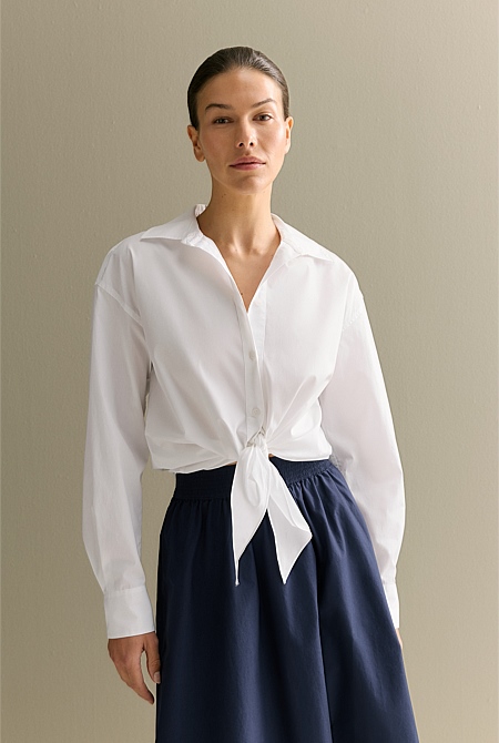 Cotton Poplin Tie Front Shirt