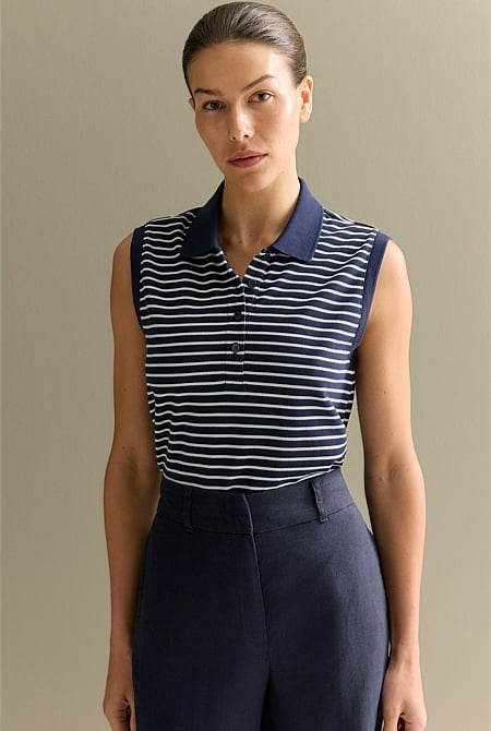 Australian Cotton Stripe Sleeveless Polo Top