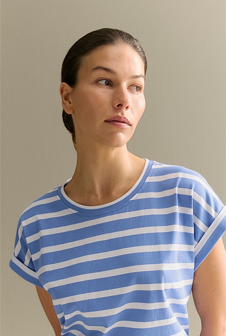 Pima Cotton Stripe Cuff Detail T-shirt