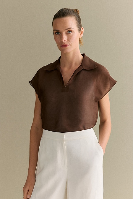 Linen Silk Collared Short Sleeve Top