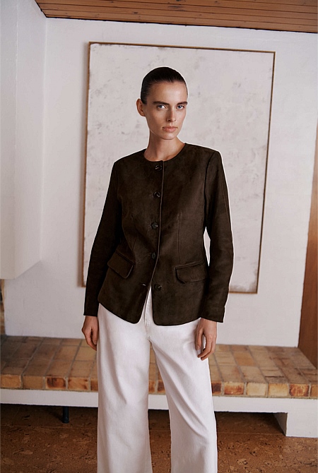 Suede Collarless Jacket