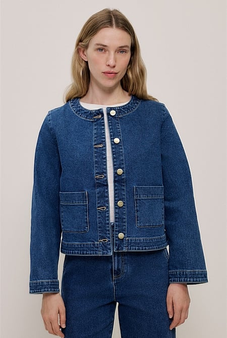 Collarless Cropped Denim Jacket Collarless Cropped Denim Jacket