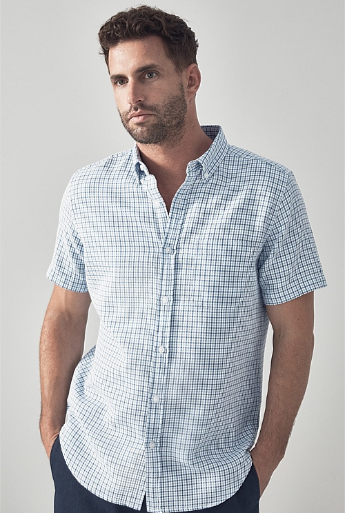 Sky Blue Cheesecloth Short Sleeve Shirt - MEN Shirts | Trenery