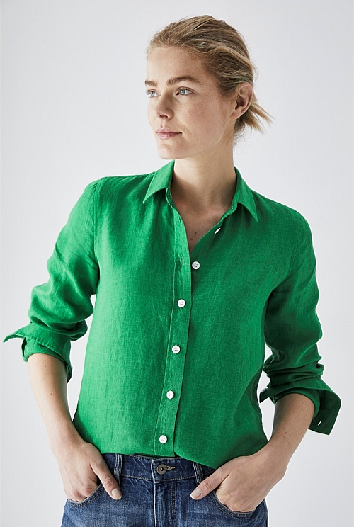 Grass Green Delave Linen Classic Shirt - WOMEN Shirts | Trenery