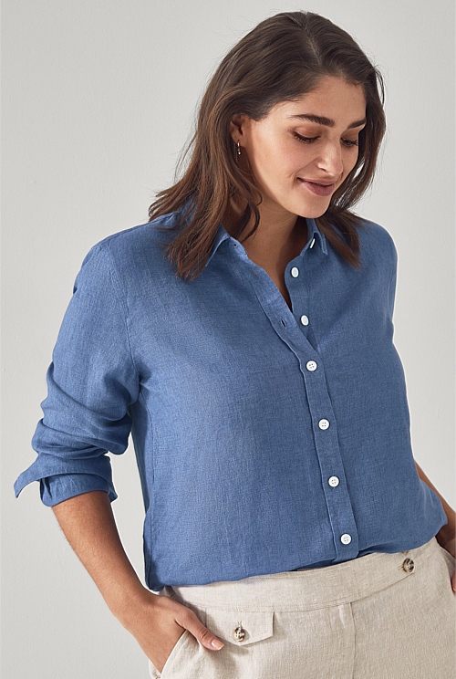 Porcelain Blue Linen Delave Classic Shirt - WOMEN Shirts | Trenery