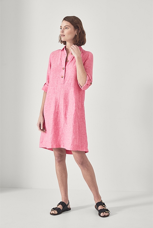 Magenta Pink Linen Yarn Dye Shirt Dress WOMEN Dresses Trenery
