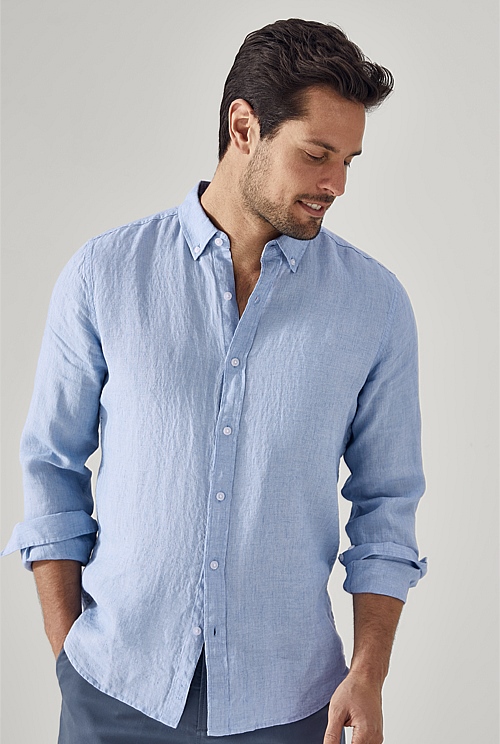 Sky Blue Tailored Fit Delave Linen Long Sleeve Shirt - MEN Shirts | Trenery