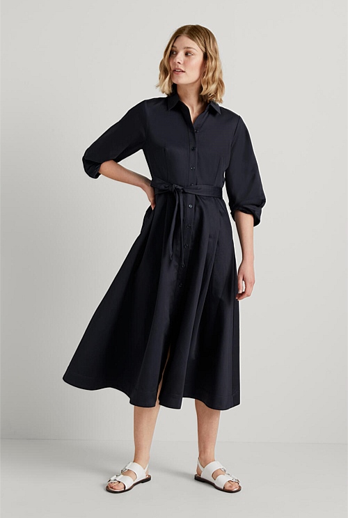 Dark Navy Cotton Linen Balloon Sleeve Dress - WOMEN Dresses | Trenery