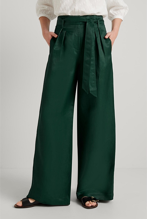 Entro Hunter Green Wide Leg Linen Blend Pants
