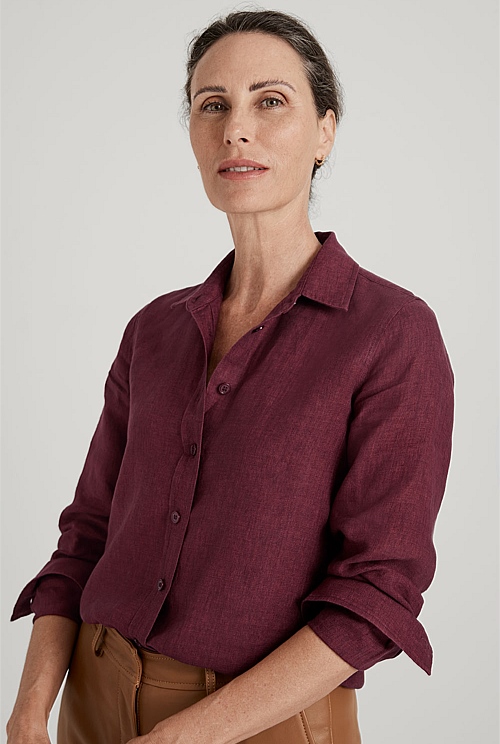 Burgundy Linen Delave Classic Shirt - WOMEN Shirts | Trenery