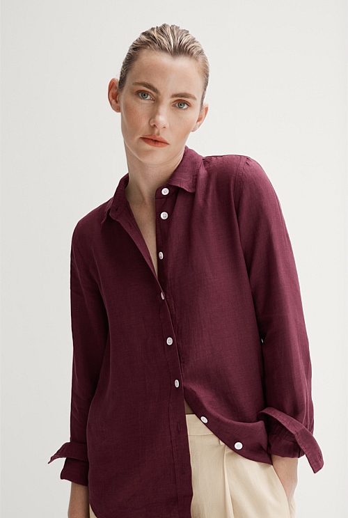 Burgundy Linen Delave Classic Shirt - WOMEN Shirts | Trenery