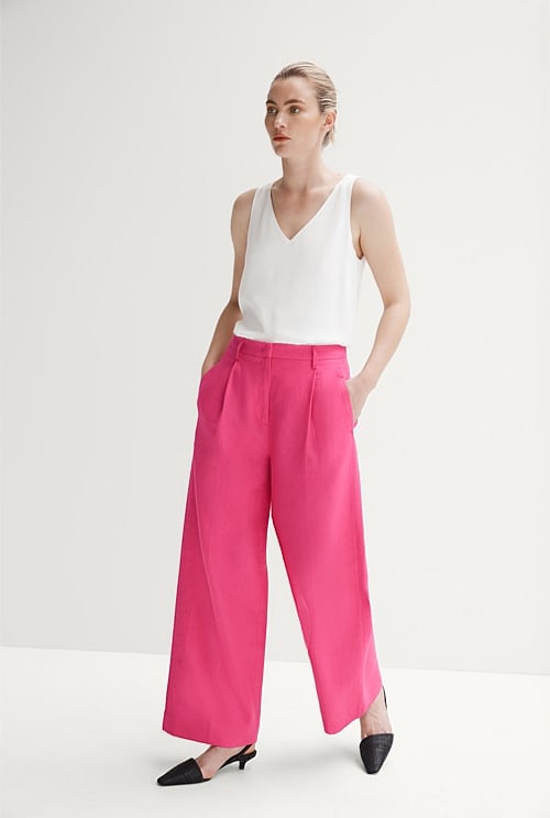 Fuchsia Linen Pleat Front Panel Detail Pant - WOMEN Pants | Trenery