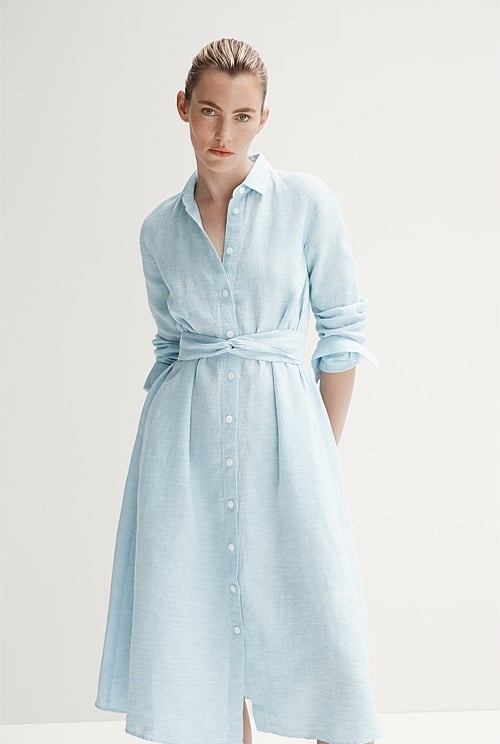 Fresh Blue Linen End On End Shirt Dress WOMEN Dresses Trenery