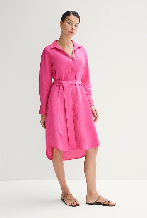 Cranberry Linen Blend Relaxed Shirt Dress WOMEN Dresses Trenery