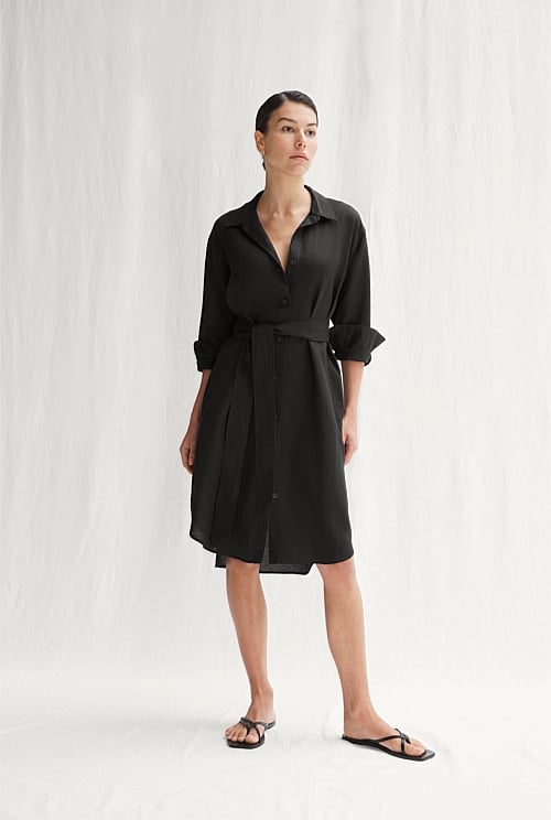 Black Linen Blend Relaxed Shirt Dress WOMEN Dresses Trenery