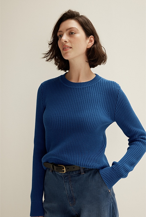 Bright Blue Cotton Texture Knit - WOMEN Knitwear | Trenery