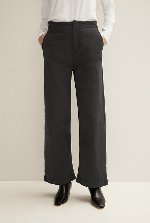 Black Garment Dyed Wide Leg Denim Pant - WOMEN Pants | Trenery
