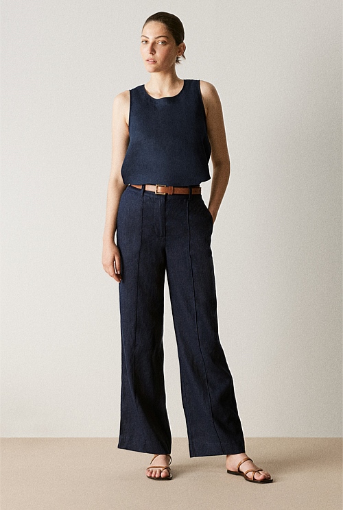 PINTUCK DETAIL WIDE LEG LINEN PANTS