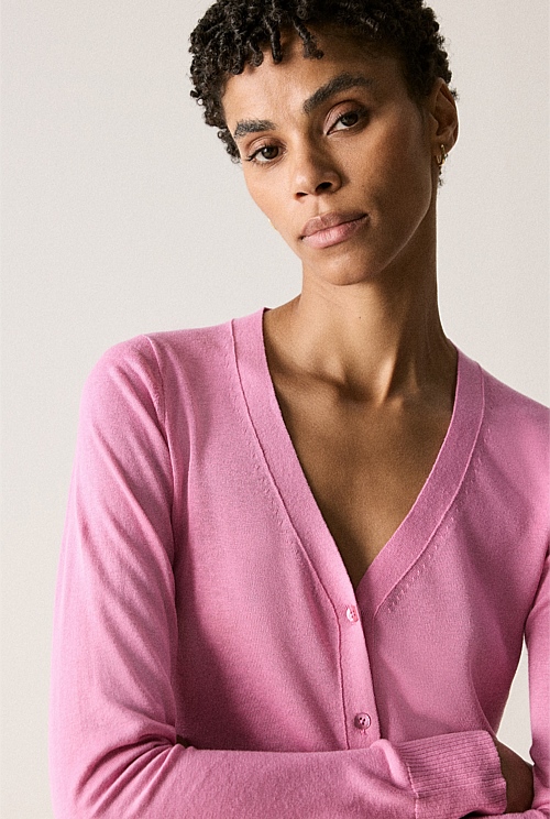 Brilliant Pink Silk Linen Fine Knit Cardigan - WOMEN Cardigans | Trenery