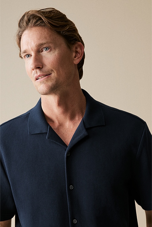 Navy Regular Fit Cotton Blend Pique Shirt - MEN T-Shirts | Trenery