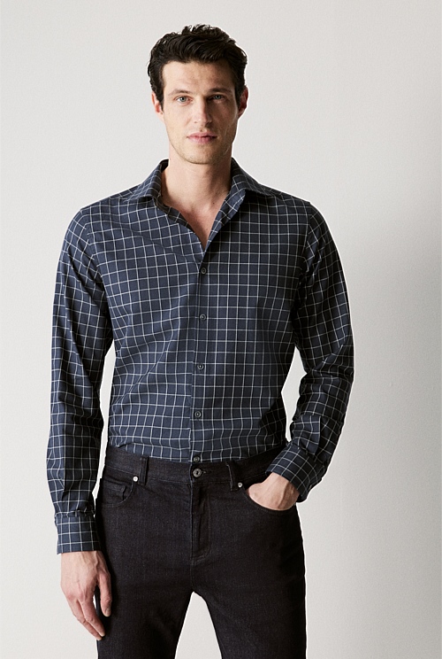 Navy Tailored Fit Cotton Twill Window Pane Check Shirt - MEN Shirts ...