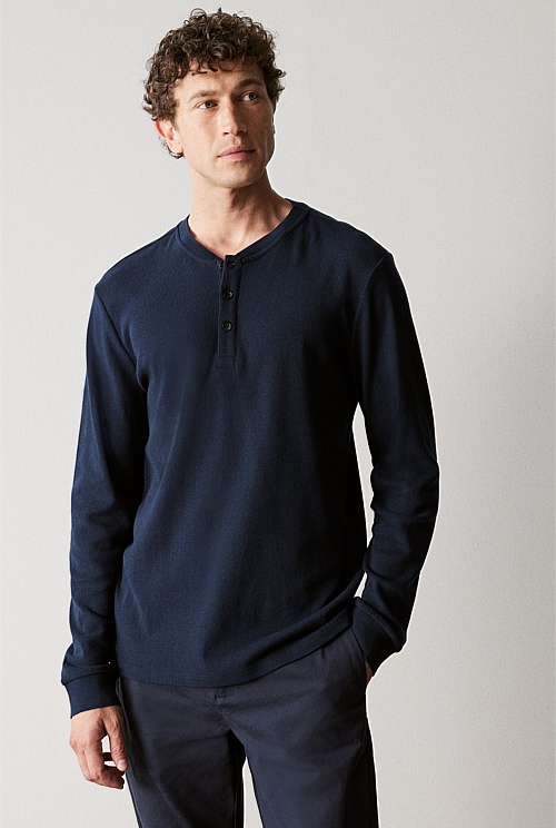 Navy Australian Cotton Waffle Henley - MEN T-Shirts | Trenery