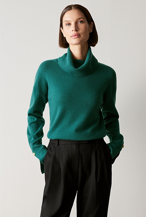 Dark Green Wool Blend Button Detail Relaxed Rollneck WOMEN Knitwear
