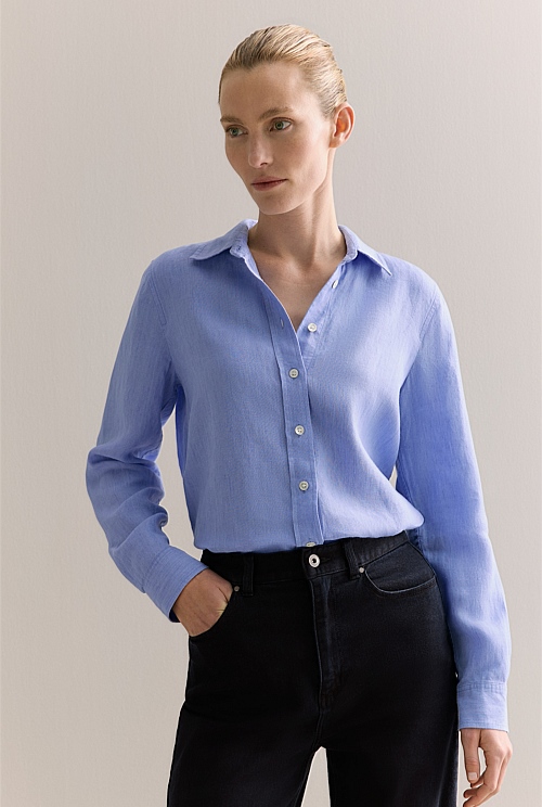 Cornflower Blue Delave Linen Classic Shirt - WOMEN Shirts | Trenery