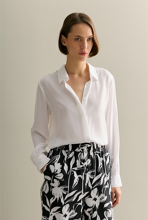 White Silk Concealed Placket Shirt - WOMEN Shirts | Trenery