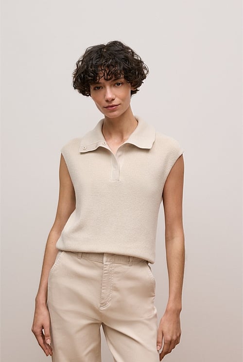 Stone Cotton Cashmere Button Mock Knit - WOMEN T-Shirts & Tops | Trenery