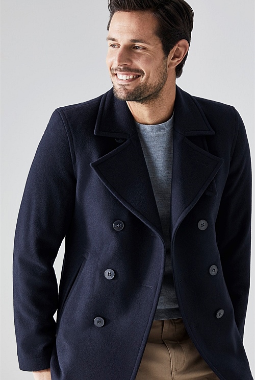 Navy Wool Pea Coat - MEN Jackets & Coats | Trenery