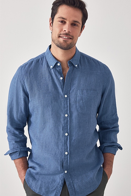 Porcelain Blue Regular Fit Delave Linen Long Sleeve Shirt - MEN Shirts ...