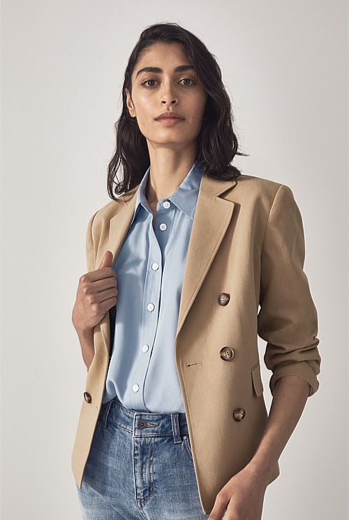 Pale Camel Cotton Canvas Double Breasted Blazer - WOMEN Jackets & Coats ...