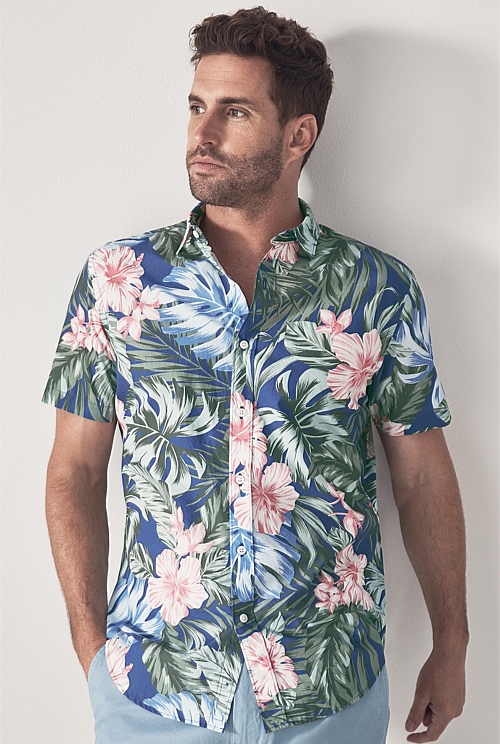 Delft Blue Exotic Floral Short Sleeve Shirt - MEN Shirts | Trenery