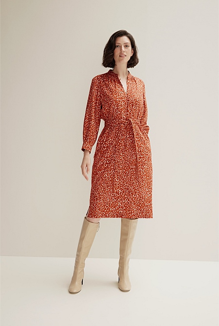 Burnt Orange Ocelot Lantern Sleeve Midi Dress - WOMEN Dresses | Trenery