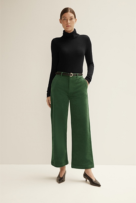 Dark Green Corduroy Wide Leg Pant - WOMEN Pants | Trenery