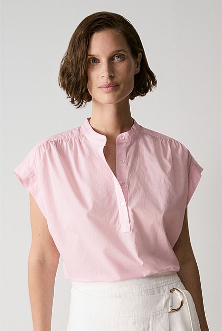 Light Pink Cotton Voile Short Sleeve Blouse - WOMEN Shirts | Trenery