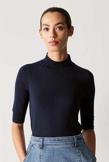 Night Sky Merino Jersey Mock Neck Knit - WOMEN T-Shirts & Tops | Trenery