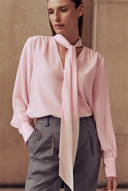 Silk Tie Neck Relaxed Blouse
