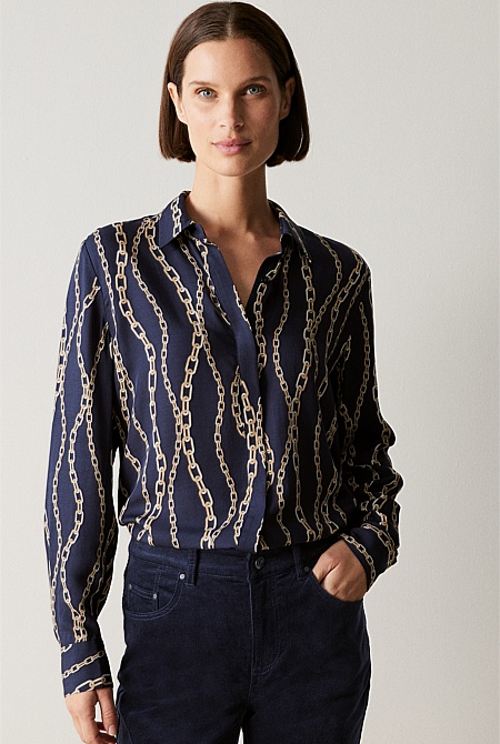 Modal Chain Print Concealed Placket Shirt