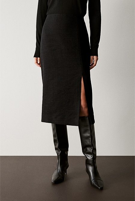 Linen Blend Metallic Side Split Skirt