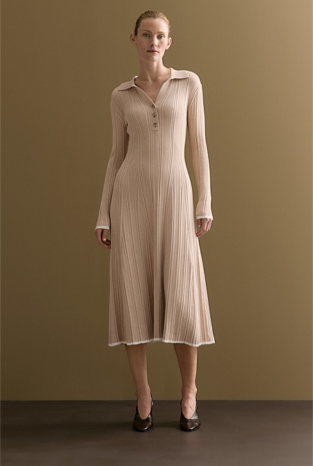 Cotton Cashmere Blend Long Sleeved Polo Dress