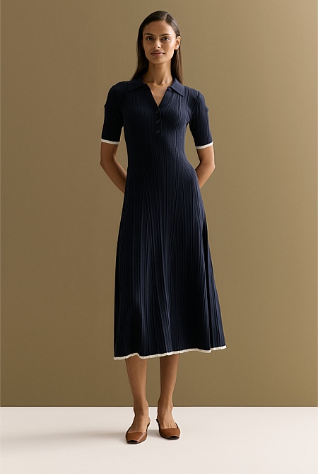 Cotton Cashmere Blend Knit Short Sleeved Polo Dress
