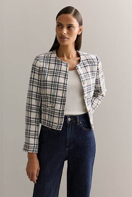 Italian Check Tweed Cropped Jacket